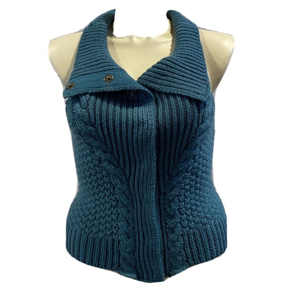 Soft Surroundings MED Cardigan Sweater Vest Teal Green Chunky Knit Snap CUTE